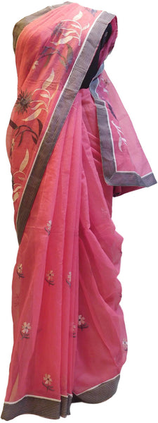 Pink Designer PartyWear Pure Supernet (Cotton) Thread Work Saree Sari With Grey Border