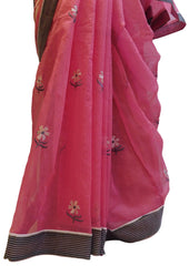 Pink Designer PartyWear Pure Supernet (Cotton) Thread Work Saree Sari With Grey Border