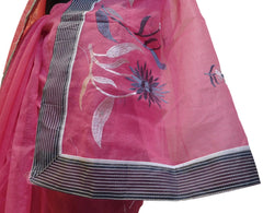 Pink Designer PartyWear Pure Supernet (Cotton) Thread Work Saree Sari With Grey Border