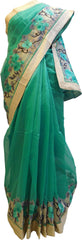 Turquoise Designer PartyWear Pure Supernet (Cotton) Thread Work Saree Sari With Beige Border
