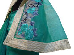 Turquoise Designer PartyWear Pure Supernet (Cotton) Thread Work Saree Sari With Beige Border
