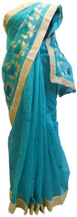 Blue Designer PartyWear Pure Supernet (Cotton) Thread Work Saree Sari With Beige Border