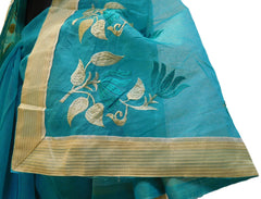 Blue Designer PartyWear Pure Supernet (Cotton) Thread Work Saree Sari With Beige Border