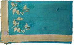 Blue Designer PartyWear Pure Supernet (Cotton) Thread Work Saree Sari With Beige Border