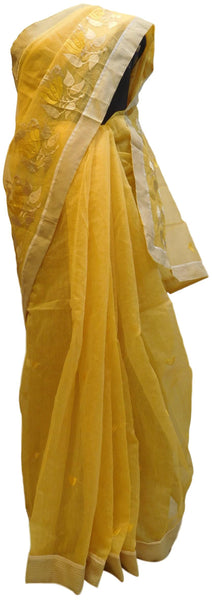 Yellow Designer PartyWear Pure Supernet (Cotton) Thread Work Saree Sari With Beige Border