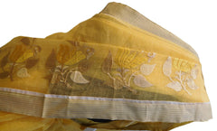 Yellow Designer PartyWear Pure Supernet (Cotton) Thread Work Saree Sari With Beige Border