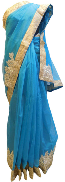 Blue Designer PartyWear Pure Supernet (Cotton) Thread Stone Zari Work Saree Sari With Beige Border