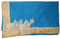 Blue Designer PartyWear Pure Supernet (Cotton) Thread Stone Zari Work Saree Sari With Beige Border
