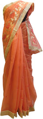 Peach Designer PartyWear Pure Supernet (Cotton) Thread Work Saree Sari With Beige Border