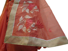 Peach Designer PartyWear Pure Supernet (Cotton) Thread Work Saree Sari With Beige Border