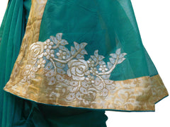 Turquoise Designer PartyWear Pure Supernet (Cotton) Thread Stone Zari Work Saree Sari With Beige Border