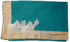 Turquoise Designer PartyWear Pure Supernet (Cotton) Thread Stone Zari Work Saree Sari With Beige Border