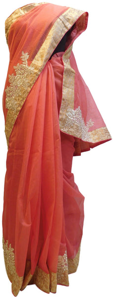 Gajari Designer PartyWear Pure Supernet (Cotton) Thread Zari Stone Work Saree Sari With Beige Border