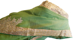 Green Designer PartyWear Pure Supernet (Cotton) Thread Stone Zari Work Saree Sari With Beige Border