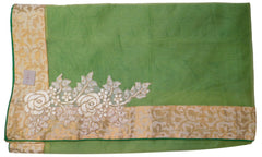 Green Designer PartyWear Pure Supernet (Cotton) Thread Stone Zari Work Saree Sari With Beige Border