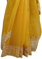 Yellow Designer PartyWear Pure Supernet (Cotton) Thread Stone Zari Work Saree Sari With Beige Border