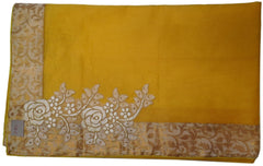 Yellow Designer PartyWear Pure Supernet (Cotton) Thread Stone Zari Work Saree Sari With Beige Border