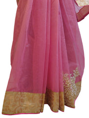 Pink Designer PartyWear Pure Supernet (Cotton) Thread Stone Zari Work Saree Sari With Beige Border