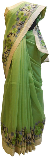 Green Designer PartyWear Pure Supernet (Cotton) Thread Work Saree Sari With Beige Border