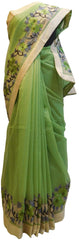 Green Designer PartyWear Pure Supernet (Cotton) Thread Work Saree Sari With Beige Border