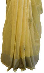 Yellow Designer PartyWear Pure Supernet (Cotton) Thread Stone Work Saree Sari With Self Grey Border