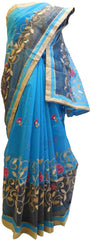 Blue & Grey Designer PartyWear Pure Supernet (Cotton) Thread Work Saree Sari With Blue & Beige Border