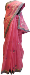 Pink Designer PartyWear Pure Supernet (Cotton) Thread Work Saree Sari With Grey Border