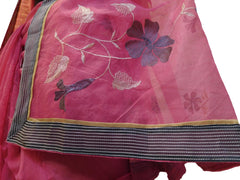 Pink Designer PartyWear Pure Supernet (Cotton) Thread Work Saree Sari With Grey Border