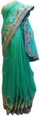 Turquoise Designer PartyWear Pure Supernet (Cotton) Thread Work Saree Sari With Grey Border