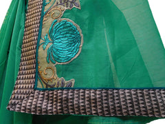 Turquoise Designer PartyWear Pure Supernet (Cotton) Thread Work Saree Sari With Grey Border