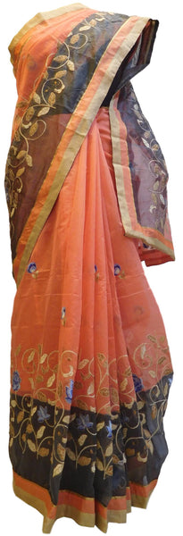 Peach & Grey Designer PartyWear Pure Supernet (Cotton) Thread Work Saree Sari With Peach & Beige Border