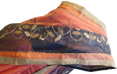 Peach & Grey Designer PartyWear Pure Supernet (Cotton) Thread Work Saree Sari With Peach & Beige Border