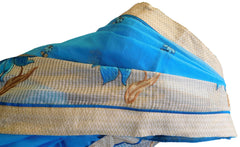 Blue Designer PartyWear Pure Supernet (Cotton) Thread Work Saree Sari With Beige Border