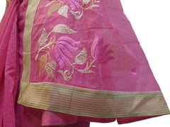Pink Designer PartyWear Pure Supernet (Cotton) Thread Work Saree Sari With Beige Border