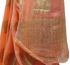 Peach Designer PartyWear Georgette (Viscos) Cutdana Stone Hand Embroidery Work Saree Sari