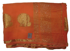Peach Designer PartyWear Georgette (Viscos) Cutdana Stone Hand Embroidery Work Saree Sari