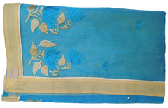 Blue Designer PartyWear Pure Supernet (Cotton) Thread Work Saree Sari With Beige Border