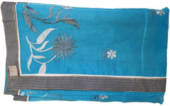 Blue Designer PartyWear Pure Supernet (Cotton) Thread Work Saree Sari With Grey Border