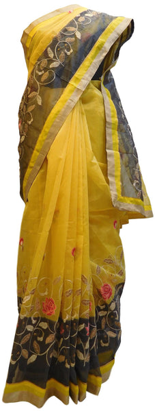 Yellow & Grey Designer PartyWear Pure Supernet (Cotton) Thread Work Saree Sari With Yellow & Beige Border
