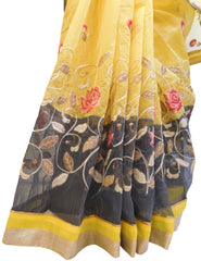 Yellow & Grey Designer PartyWear Pure Supernet (Cotton) Thread Work Saree Sari With Yellow & Beige Border