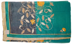 Turquoise & Grey Designer PartyWear Pure Supernet (Cotton) Thread Work Saree Sari With Turquoise & Beige Border
