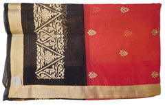 Red & Black Designer PartyWear Pure Supernet (Cotton) Zari Work Saree Sari With Golden Border