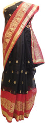 Black & Red Designer PartyWear Pure Supernet (Cotton) Zari Work Saree Sari With Golden Border