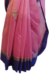 Pink Designer PartyWear Pure Supernet (Cotton) Thread Stone Work Saree Sari With Blue Self Border