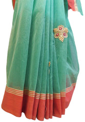 Turquoise Designer PartyWear Pure Supernet (Cotton) Thread Stone Work Saree Sari With Self Red Border