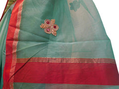 Turquoise Designer PartyWear Pure Supernet (Cotton) Thread Stone Work Saree Sari With Self Red Border
