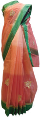 Peach Designer PartyWear Pure Supernet (Cotton) Thread Stone Work Saree Sari With Self Green Border
