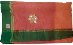 Peach Designer PartyWear Pure Supernet (Cotton) Thread Stone Work Saree Sari With Self Green Border