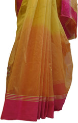 Yellow Designer PartyWear Pure Supernet (Cotton) Thread Stone Work Saree Sari With Self Pink Border