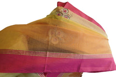 Yellow Designer PartyWear Pure Supernet (Cotton) Thread Stone Work Saree Sari With Self Pink Border